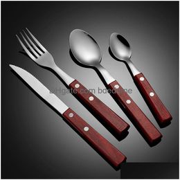 Spoons Steak Wood Handle Spoon Fork Knife Cutlery Set Stainless Steel Home Kitchen Dining Flatware Ice Cream Dessert Forks Tableware D Dhl8Y
