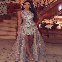 2019 New Crew Neck Sequins High Low Prom Dresses Sparkling Sleeveless Lace Sweep Train Formal Party Evening Gowns BC1955230n