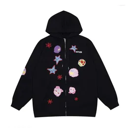 Men's Hoodies Cute Graffiti Full Print Embroidery Hooded Sweatshirts Harajuku High Street Zipper Streetwear 2023 Autumn Casual Couple Hoodie