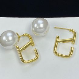 18K Gold Plated Earrings Ladies Pearl Pendant Classy Earrings 925 Silver Paper Clip Design Simple Metal Brand Party Jewellery