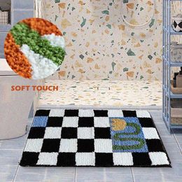 Bath Mats Soft Flocking Shower Floor Mat Creative Checkerboard Thicken Toilet Anti Slip Carpet Bathroom Decoration Door Rugs
