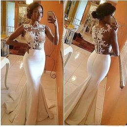 Vintage Mermaid Lace Applique Illusion Wedding Dresses Sleeveless See Through Sweep Train Trumpet Bridla Gowns White Jewel Wedding245n