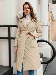 Women's Jackets 2022 Long Straight Winter Women Coat Rhombus Pattern Casual Sashes Women Parkas Deep Pockets Tailored Collar Atylish Outerwear L230724