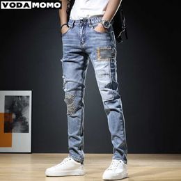 Men's Jeans Summer Men Jeans pantalones hombre Regular Fit Pants Streetwear Casual Blue Patches Patchwork Jean Mens Clothing Denim Trousers L230724