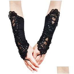 Fingerless Gloves Sequined Lace Women Female Short Half Satin Seam Beads Fashion Sexy Lady Retro Driving Glove Drop Delivery Accesso Dhn29