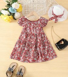 Girl Dresses Girls Dress Floral Princess Short Puff Sleeve Summer All-match Casual Lovely And Sweet Korean Version Playful Knee-Length