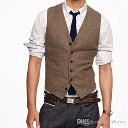 2019 Custom Wedding Waistcoat Vintage Brown Tweed Vest Wool Herringbone Groom Vests British Style Mens Suit Vests Slim Fit Mens Dr261M