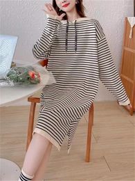 Women's Sweaters Hsa Ladies Winter Hooded Knitted Pullover Sweater Autumn And Mid-Length Striped Wool Bottoming Dress