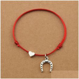 Charm Bracelets Lucky Horseshoe Pendant Red Cord String Heart For Women Men Jewelry Lover Couple Gifts Drop Delivery Dhxs7