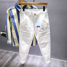 Men's Jeans White Stitching Jeans for Men Fashion Slim Stretch Multi-pocket Personality Biker Denim Jeans Pants Trousers Male Streetwear L230724