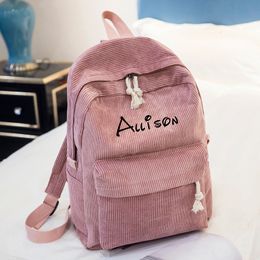 School Bags Personalised Corduroy Knapsack Custom Your Name Casual Backpack Unisex Classic Campus Portable Ultra Soft Handbag 230724