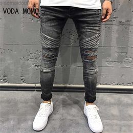 Men's Jeans Men Stretchy Ripped Skinny Biker Embroidery Cartoon Print Jeans Destroyed Hole Slim Fit Denim Hip Hop Black Jeans L230726