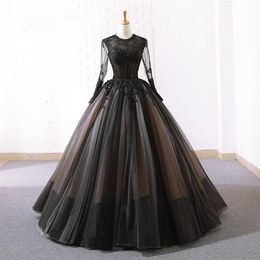 Vestidos de noiva góticos nus pretos vintage com mangas compridas decote em joia até o chão vestidos de noiva não brancos com cores personalizadas 255t