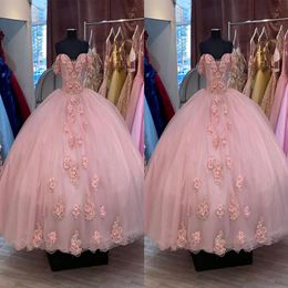 Romantic Dusty Pink 3D Flowers Cheap Ball Gown Quinceanera Prom Dresses Off the shoulder Applique Beaded Sweet 15 masquerade eveni205z