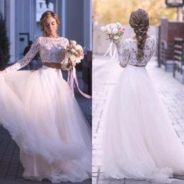 2020 White A-line Wedding Dresses Jewel Tulle Skirt Bridal Dress Long Sleeve Plus Size Wedding Gowns Vestidos De Novia 77239D