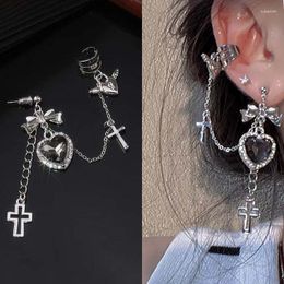 Stud Earrings Punk Gothic Black Crystal Heart Cross Chain Ear Cuff For Men Women Hip Hop Metal Clip On Egirl Jewellery Gift