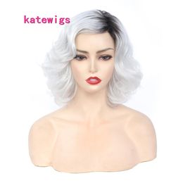 Synthetic Short Black Ombre Silver Gray Natural Wave Wigs For Women Cosplay Wig Girl Hair High Temperature Fiber296R