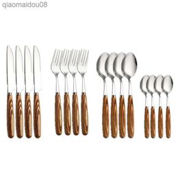 16pcs Silver Dinnerware Set Stainless Steel Tableware Wooden Handle Cutlery Steak Knife Fork Spoon Silverware Dishwasher Safe L230704