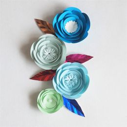 Decorative Flowers DIY Mini Paper Artificial Wedding Fleurs Artificielles Backdrop Rose 4PCS 4 Leave Party Decor Nursery Blue