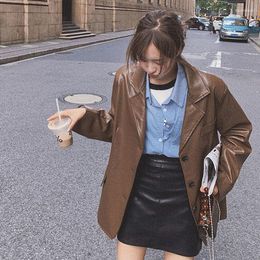 Women's Leather Spring Autumn Women Casual Vintage Brown Faux Blazers Coat Notched Collar Long-sleeve Pu Biker Suit Jacket Streetwear