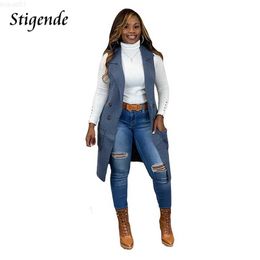 Women's Jackets Stigende Women Notched Collar Long Vest Jacket Turn Down Collar Sleeveless Coat Casual Knitted Back Split Pocket Cardigan Top L230724