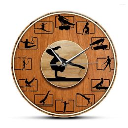 Wall Clocks Gymnastics Wood Grain Printed Clock Gymnast Girl Room Sports Art Decor Silent Hanging Watch Team Gift