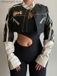 Women's Jackets Crop Top Female Street Racer Jacket PU Leather New In Outerwears Short Down Jacket Fashion Jackets Y2k Long Sleeves Clothes Y2k T230724