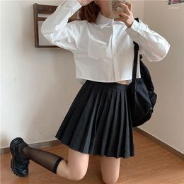 Women's Blouses Dress Shirts Women Cropped Tops Slim White Clothing Long Sleeve College Pockets BF Casual Solid Simple Design Stylish