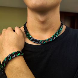 Hip Hop Black Green Oil Drip Stainless Steel Cuban Chain Necklace Men Jewellery