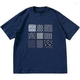 Men's T Shirts Cotton Blue Printed Cloth Jiugong Grid Pasted T-shirt Chinese National Style Round Neck Short Sleeve Tees