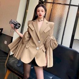 Women's Suits UNXX Women Blazer Designer Fashion Ruched High Street Spring Autumn Full Notched Puff Sleeve Coat Luxury