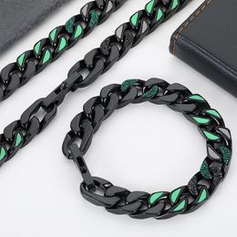 Hip Hop Black Green Oil Drip Stainless Steel Cuban Chain Necklace Men Jewelry
