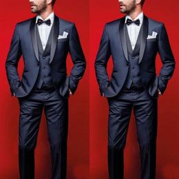 2019 Navy Blue Wedding Tuxedos Slim Fit Suits For Men Groomsmen Suit Three Pieces Cheap Prom Formal Suits Jacket Pants Vest Bow 2349