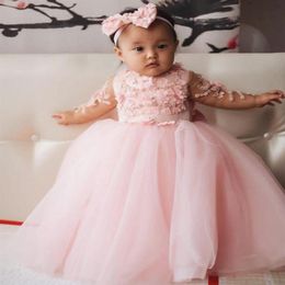 Baby Wedding Party Flower Girls' Dresses with Bow Beaded 3D-Applique Sheer Long Sleeves Pageant Gowns2482