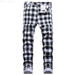 Men's Mens Jeans Black and White Plaid Printed Fashion Cheque Digital Print Slim Straight Pants Stretch Trousers 221118 L230724