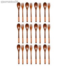 24 Pcs Wooden 9 Inchjapanese Spoon Fork Set Kitchen Tableware Natural Wood Cutlery Wooden Dinner Cutlery Set L230704