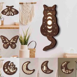Decorative Objects Figurines Boho Wooden Wall Hanging Decoration LED Light Moth Cat Eid Mubarak Ramadan Kareem Party Home Supplies 2023 L230724
