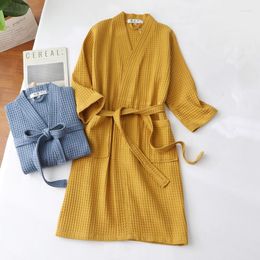 Women's Sleepwear Cotton Waffle Robes Women Long Kimono El Simple Bathrobes Pure Color SPA Plus Size 00223