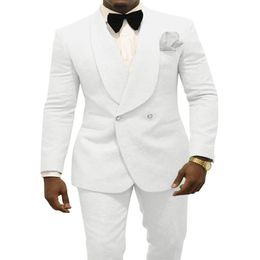 Newest Double-Breasted White Paisley Groom Tuxedos Shawl Lapel Men Suits 2 pieces Wedding Prom Dinner Blazer Jacket Pants Tie W7310G