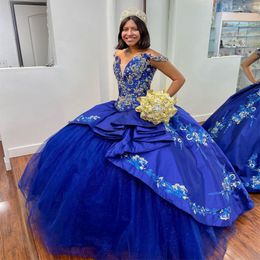 Luxury Glittering Blue Off-Shoulder Quinceanera Dresses Applique Lace Crystal Vestidos De 15 Anos Birthday Party Corset Ball Gown