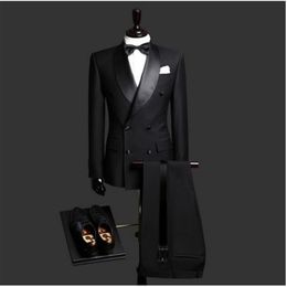 Handsome Shawl Lapel Groomsmen Double-Breasted Groom Tuxedos Black Men Suits Wedding Prom Dinner Man Blazer Jacket Pants Tie2322