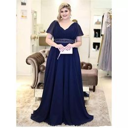 Navy Blue Plus Size Mother of the Bride Dresses Evening Wear A Line Chiffon V Neck Short Sleeve Long Special Occasion Party Dress178O