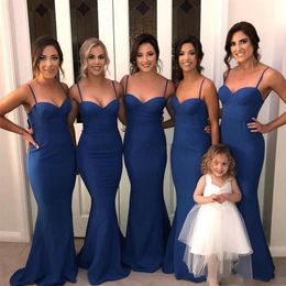 2020 Modest Royal Blue Satin Mermaid Bridesmaid Dresses Spaghetti Straps Ruched Wedding Guest Gowns Maid Of Honour Dress Plus Size2654