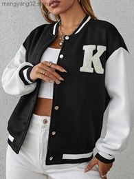 Women's Jackets Women Letter Patch Detail Drop Shoulder Two Tone Varsity Jacket Button Loose Fit Long Sleeve Top Casual High Street Jackets T230724