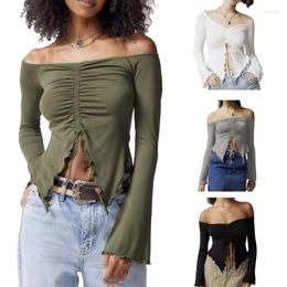 Women's T Shirts Stylish And Comfortable Long Sleeve Off The Shoulder Crop Top Drawstring Ruffle Shirt