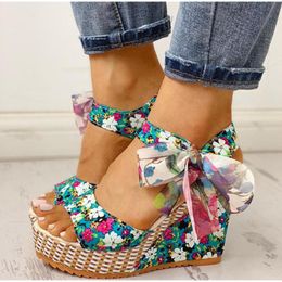 Sandals Ladies Summer Beach Boho Floral Wedge Women Ankle Strap Platform Gladiator Shoes Woman High Heels Sandalias Mujer 230724