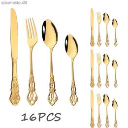 16 PCS Vintage Dinnerware Set Stainless Steel Tableware Set Flatware Knife Fork Spoon Silverware Kitchen Colorful Luxury Cutlery L230704