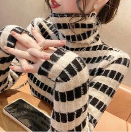 Women's Sweaters Women Turtleneck Autumn Winter Slim Pullover Basic Tops Plaid Casual Soft Knit Sweater Warm Jumper E841