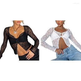 Women's Blouses Womens Long Sleeve Floral Lace Cropped Cardigan Mesh Sheer Button Down Front Y2K Crop Tops Fashion Outwear