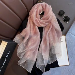 Scarves Real Silk Long Scarf For Women Golden Yarn Plaid Shawl Wraps Bufandas Female Fashion Summer Thin Light Foulard 2023